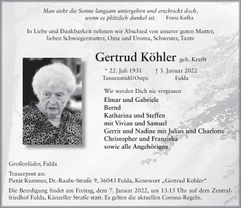 Traueranzeige von Gertrud K^öhler von FZ